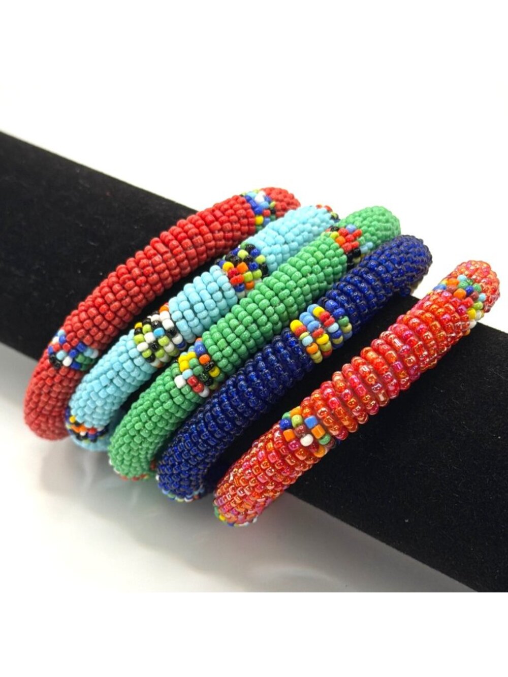 Handcrafted African Beaded Bangle Bracelets Stacked Seed Bead Sliders Set Lot 5 - Picture 4 of 15